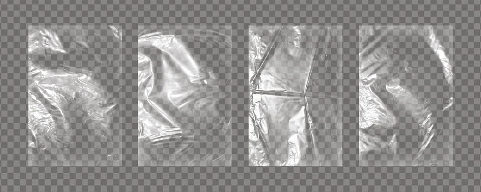 Realistic big set of transparent plastic polyethylene bags overlay. Wrapping Stock Illustration