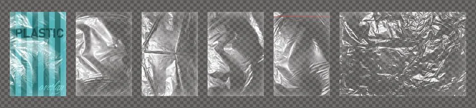 Realistic big set of transparent plastic polyethylene wrap bags overlay. Stock Illustration