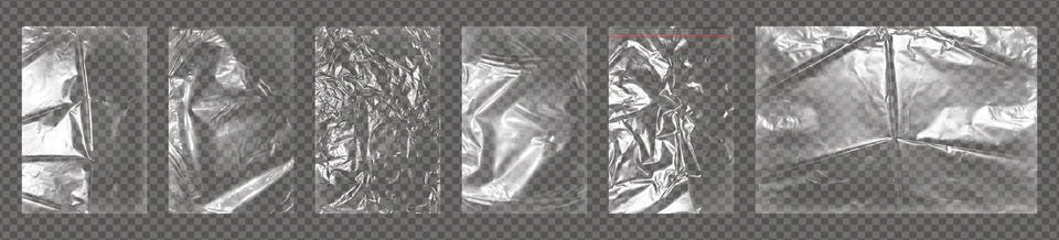 Realistic big set of transparent plastic polyethylene wrap bags overlay. Stock Illustration