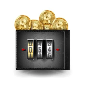 Realistic Bitcoin Wallet Vector. Locked With Padlock. Money. Top View. Finance Stock Illustration