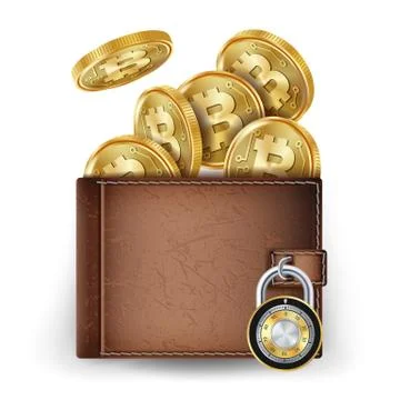 Realistic Bitcoin Wallet Vector. Locked With Padlock. Money. Top View. Finance Stock Illustration