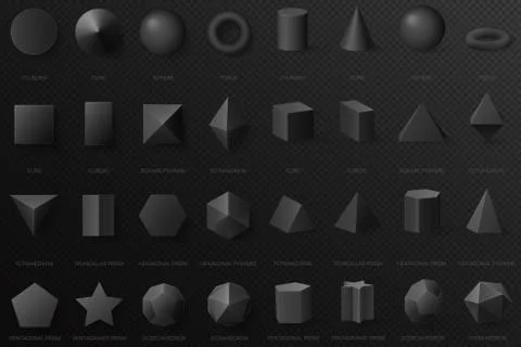 Realistic black basic geometric 3d shapes in top and front view isolated on the Stock Illustration