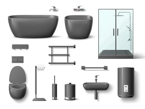 Realistic black bathroom elements. Dark ceramic and acrylic sink, toilet, bidet Stock Illustration
