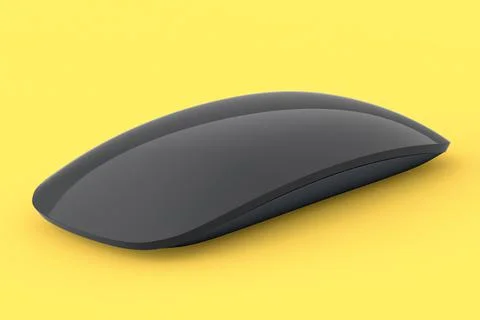 Realistic black computer mouse with touch isolated on yellow background. 3D r Stock Illustration