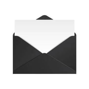 Realistic black envelope. Opened envelope mockup with paper sheet, isolated Stock Illustration