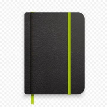 Realistic black notebook with green elastic band. Top view diary template. Cl Stock Illustration