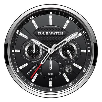 Realistic black silver clock watch face chronograph luxury on white backgroun Stock Illustration