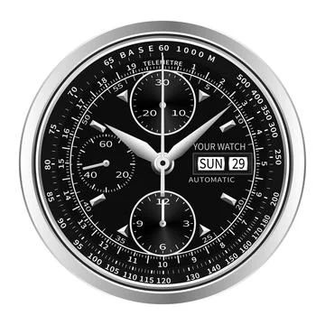 Realistic black silver clock watch face chronograph luxury on white backgroun Stock Illustration