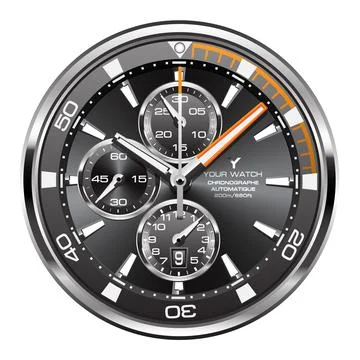 Realistic black silver orange clock watch face chronograph luxury on white ba Stock Illustration