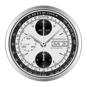 Realistic black silver white clock watch face chronograph luxury isolated bac Illustrazione stock
