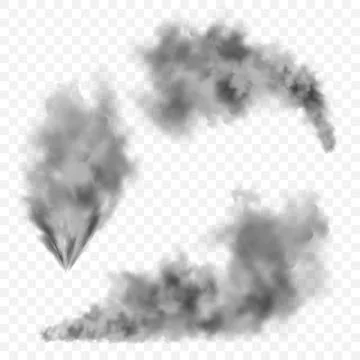 Realistic black smoke clouds. Stream of smoke from burning objects. Transparent Stock Illustration