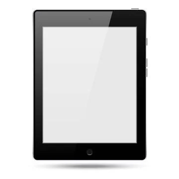 Realistic Black Tablet Mockup with Blank White Screen Isolated on White Bac.. Ilustración de archivo