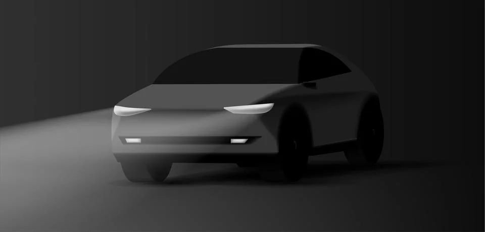 Realistic Black Vector 3D Car illustration, dark night with headlights on Stock Illustration