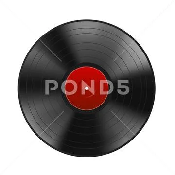 Realistic black vinyl record with red label isolated on white background.:  Graphic #142742161