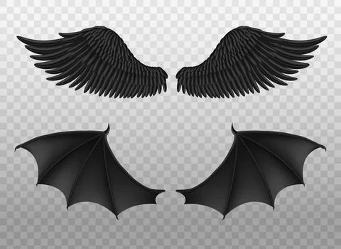 Realistic black wings. Pair of dark feathers raven and bat wings, crow bird Illustrazione stock
