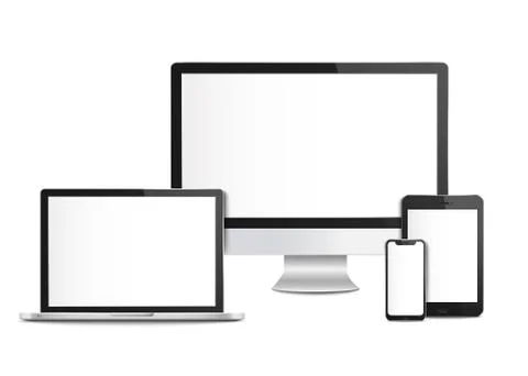 Realistic blank computer devices with screens, templates and mockups. Stock Illustration