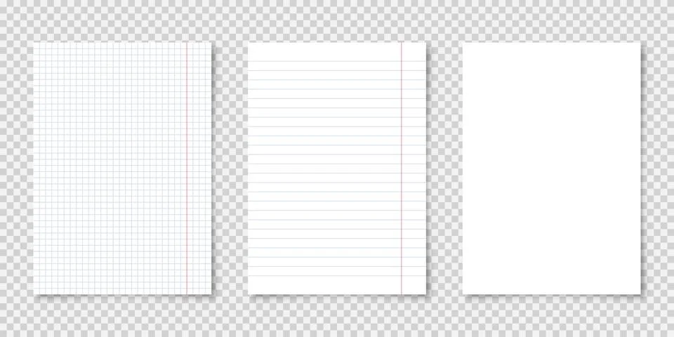 Realistic blank lined paper sheets in A4 format on transparent background Illustrazione stock