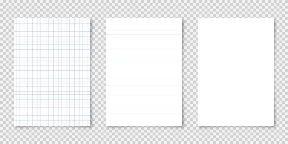 Realistic blank lined paper sheets in A4 format on transparent background Stock Illustration