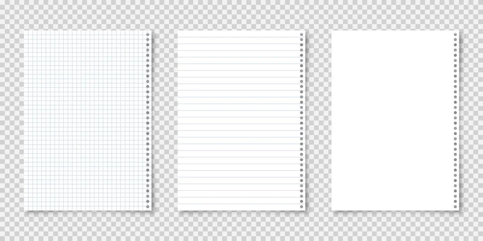 Realistic blank lined paper sheets in A4 format on transparent background Illustrazione stock