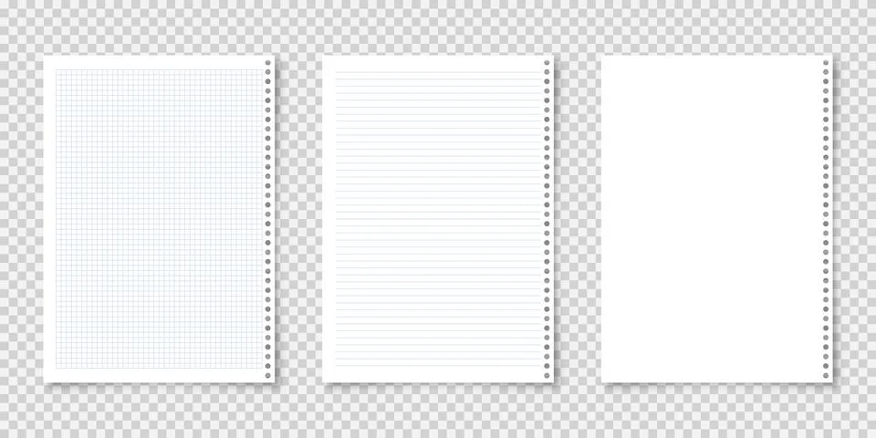 Realistic blank lined paper sheets in A4 format on transparent background Stock Illustration
