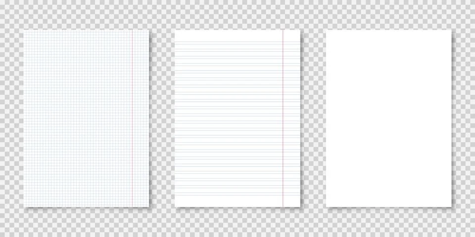 Realistic blank lined paper sheets in A4 format on transparent background Illustrazione stock