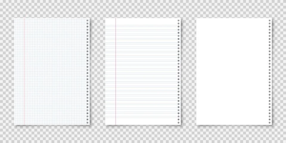 Realistic blank lined paper sheets in A4 format on transparent background Stock Illustration