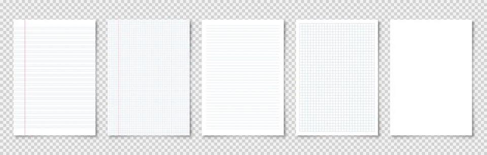 Realistic blank lined paper sheets in A4 format on transparent background Stock Illustration