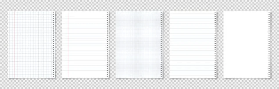 Realistic blank lined paper sheets in A4 format on transparent background Illustrazione stock