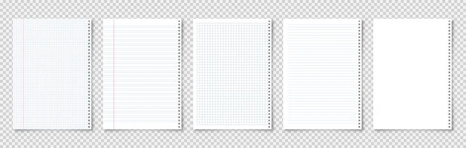 Realistic blank lined paper sheets in A4 format on transparent background Stock Illustration