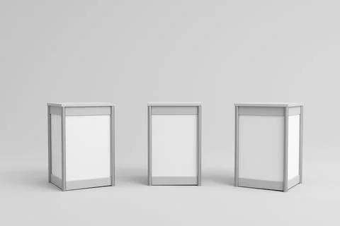 Realistic blank modern simple rack or counters multiple camera angles, 3d r.. Illustrazione stock