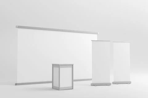 Realistic blank modern simple rack or counters multiple camera angles, 3d r.. Illustrazione stock