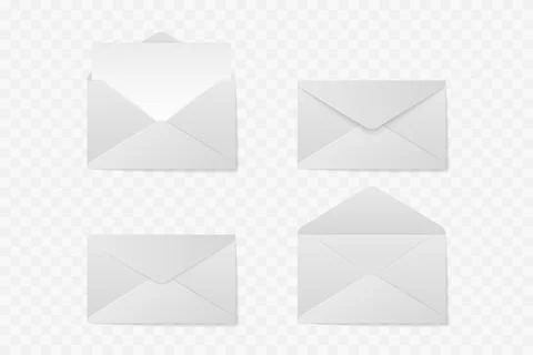 Realistic blank paper envelopes. Open closed white letter mockup set isolated on Illustrazione stock