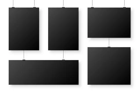 Realistic blank paper sheets hanging on binder clip. Black poster with shadow in Stock Illustration