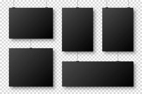 Realistic blank paper sheets hanging on binder clip. Black poster with shadow in Stock Illustration