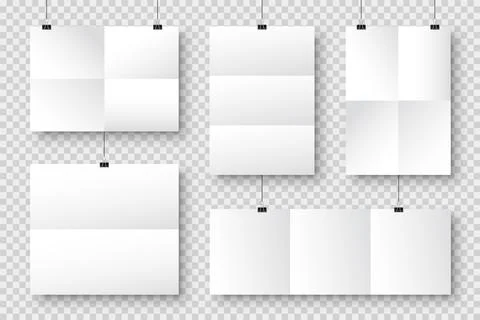 Realistic blank paper sheets hanging on binder clip. White poster with shadow in Illustrazione stock