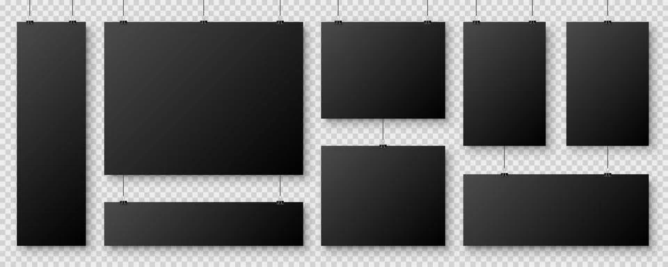 Realistic blank paper sheets hanging on binder clip. Black vector poster with Illustrazione stock