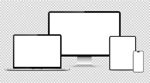 Realistic blank screen computer, laptop, tablet, smartphone mockup. Set tec.. Illustrazione stock