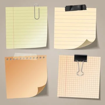 Realistic blank sticky notes with clip binder and adhesive tape. Colored sheets Stock Illustration