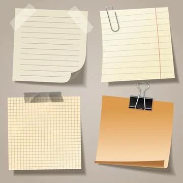 Realistic blank sticky notes with clip binder and adhesive tape. Colored sheets Stock Illustration