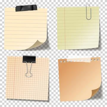 Realistic blank sticky notes with clip binder and adhesive tape. Colored sheets Illustrazione stock