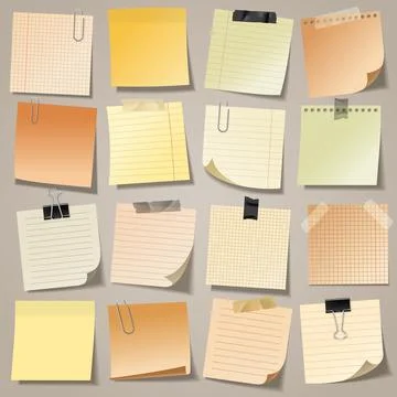 Realistic blank sticky notes with clip binder and adhesive tape. Colored sheets Stock Illustration