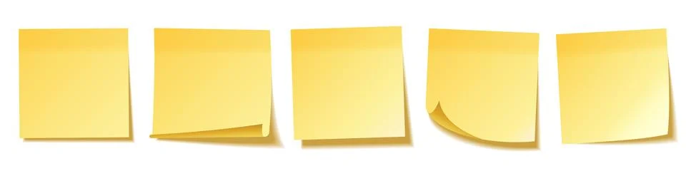 Realistic blank sticky notes isolated on white background. Yellow sheets of note Stock Illustration
