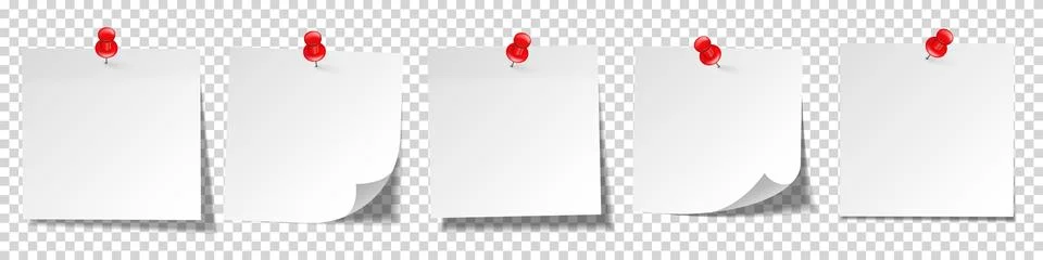 Realistic blank sticky notes. Sheets of note papers with push pin. Paper Stock Illustration