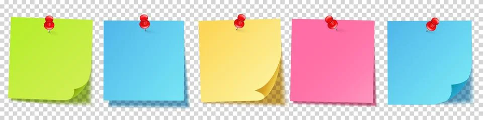 Realistic blank sticky notes. Sheets of note papers with push pin. Paper Stock Illustration