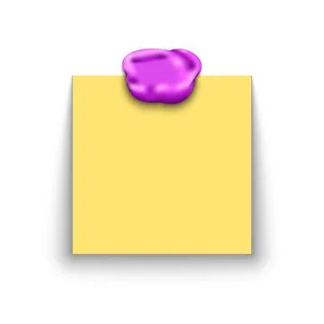 Realistic blank yellow paper note stuck with pink chewing gum on wall, crea.. Stock Illustration