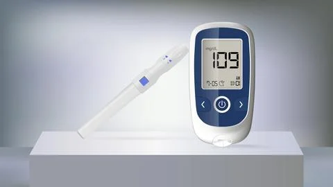 Realistic blood glucose testing device with injection on a 3d stage Иллюстрация