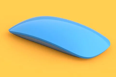 Realistic blue computer mouse with touch isolated on orange background. 3D re Stock Illustration