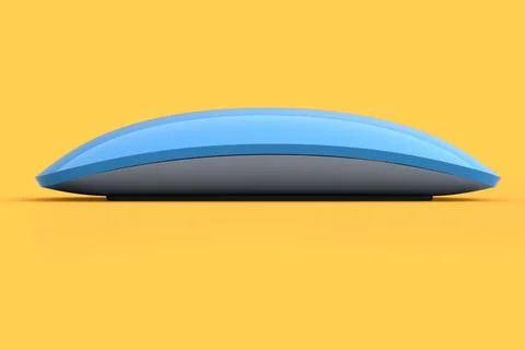 Realistic blue computer mouse with touch isolated on orange background. 3D re Stock Illustration