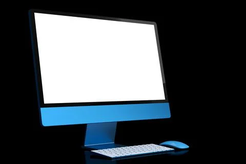 Realistic blue computer screen display with keyboard and mouse isolated on black Stock Illustration