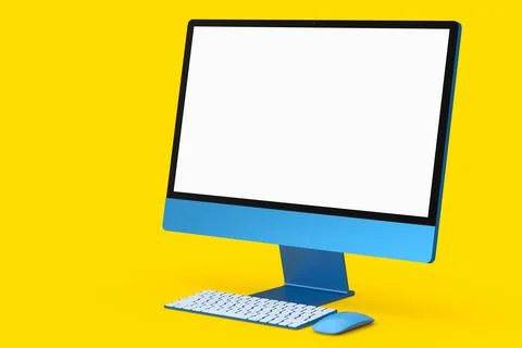 Realistic blue computer screen display with keyboard and mouse on yellow 스톡 일러스트